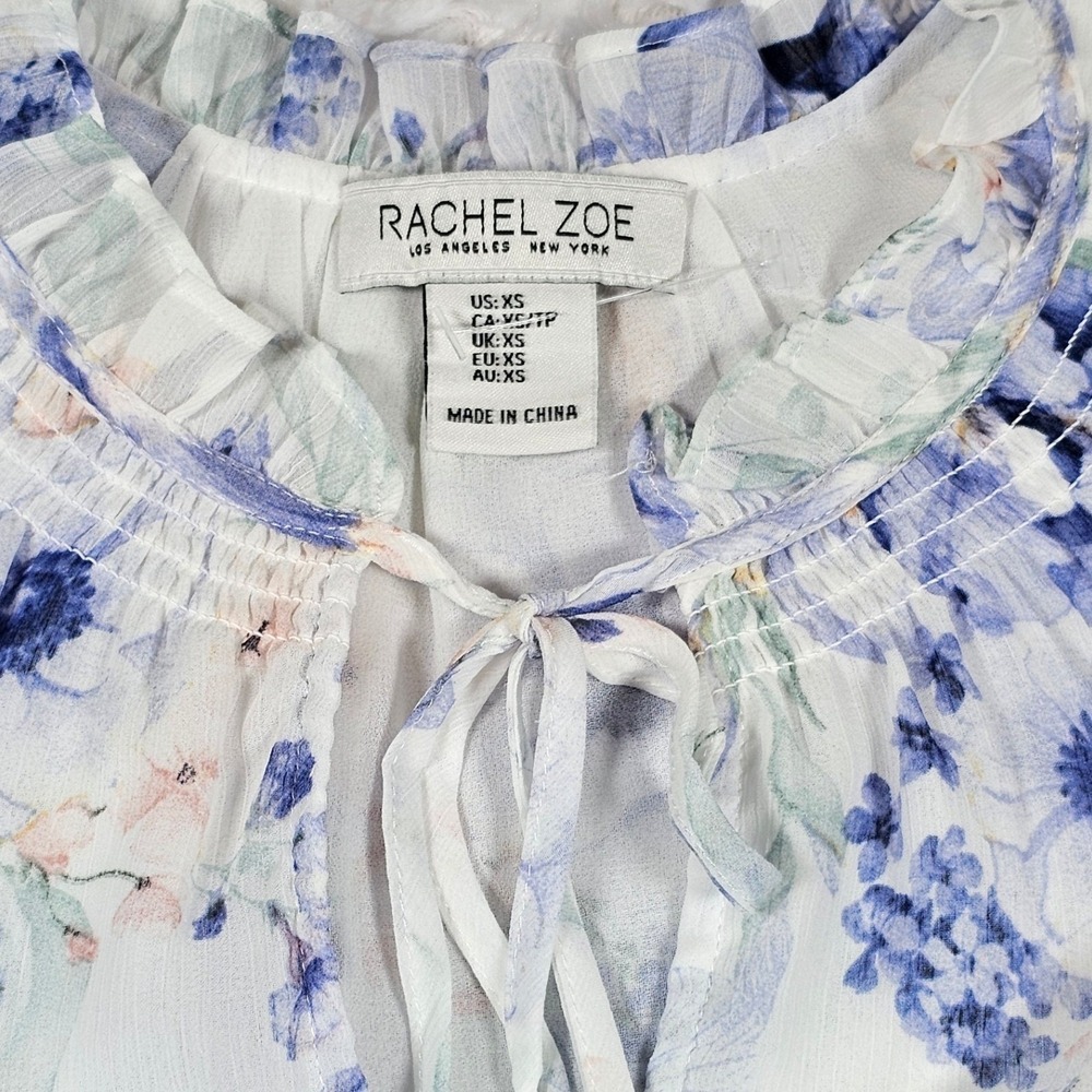 Rachel Zoe XS Floral Blouse Sheer Long Balloon Sleeve Ruffle Neck Tie Top Nwot - Picture 4 of 9